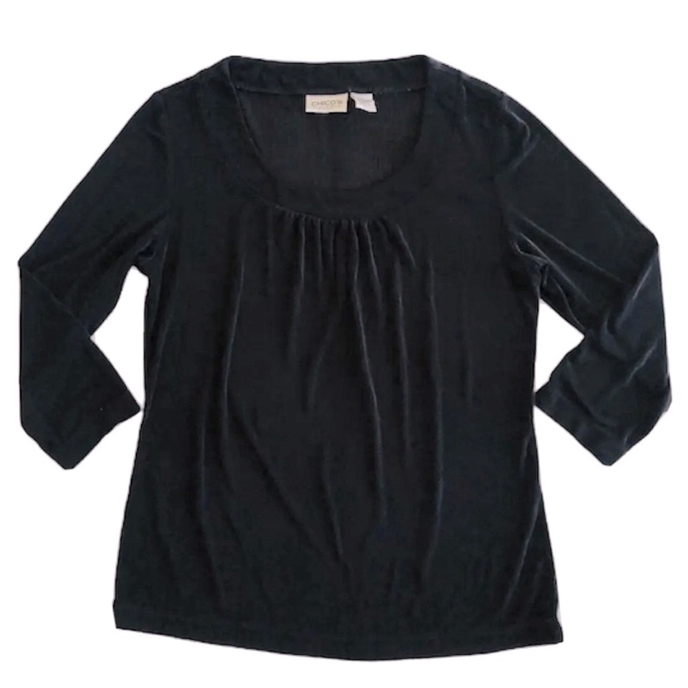 Chico’s Travelers Black Stretchy Scoop Neck Long Sleeve Top Wrinkle Free Size M